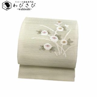 夏帯 名古屋帯 絽 花柄模様 金糸 利休白茶色 ガード加工 O-4894(帯)