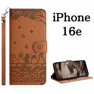 iPhone16e ケース 手帳型 猫柄 花柄 レザー ブラウン アイフォン(iPhoneケース)