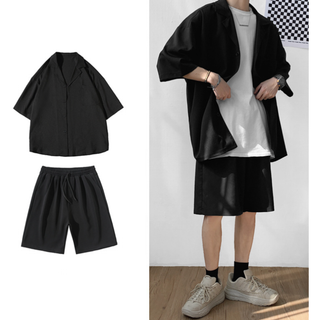 セットアップ 半袖シャツ ハーフパンツ カジュアル ブラック Lサイズ(セットアップ)