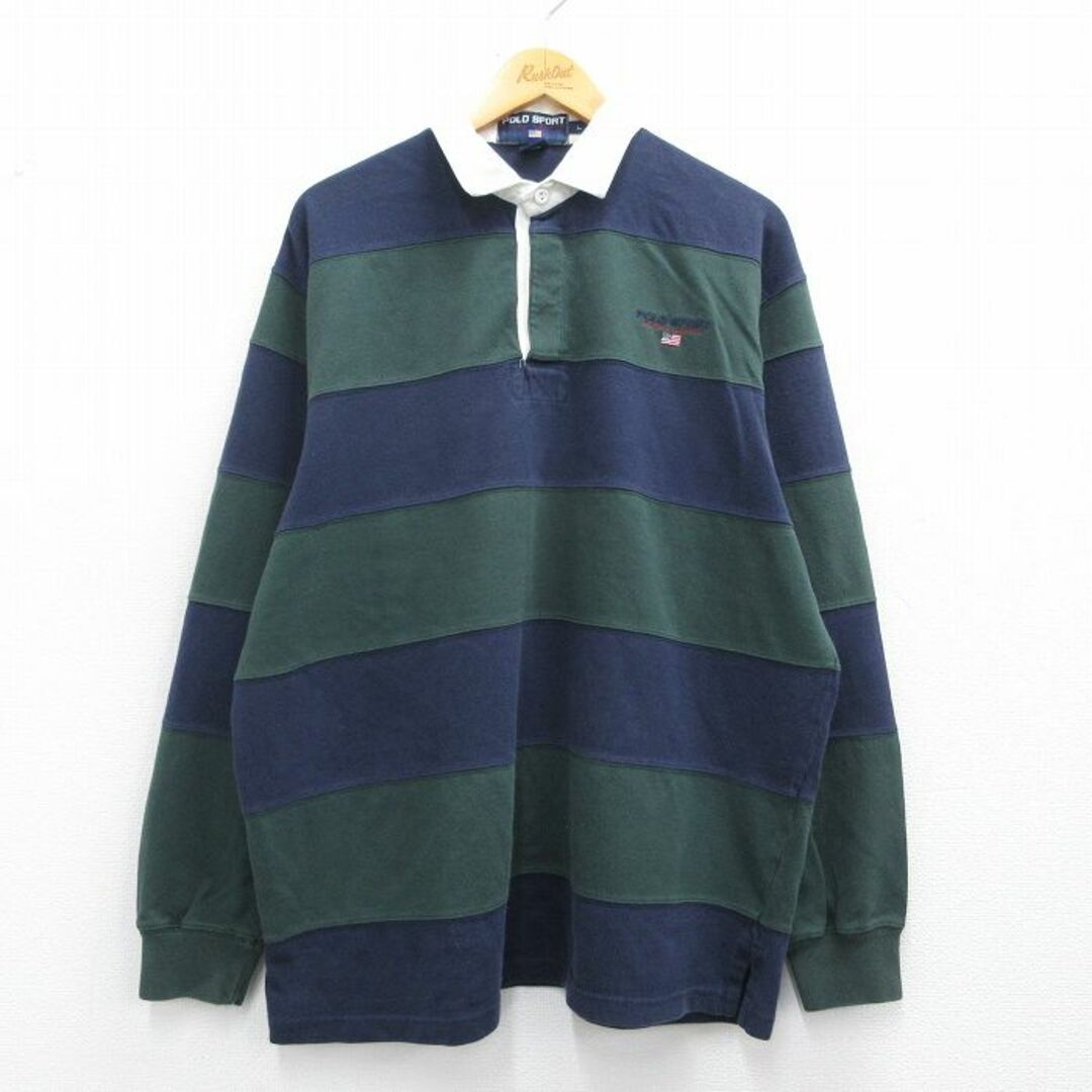 Ralph Lauren - XL★古着 ラルフローレン Ralph Lauren ポロスポーツ 長袖 ブランド ラガー シャツ メンズ ワンポイントロゴ 大きいサイズ 濃紺他 ネイビー ボーダー 【spe】 25mar27 中古 トップス