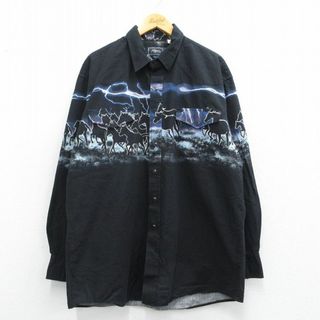 XL★古着 長袖 ウエスタン シャツ メンズ 馬 サンダー ロング丈 コットン 黒他 ブラック 25mar27 中古 トップス(シャツ)
