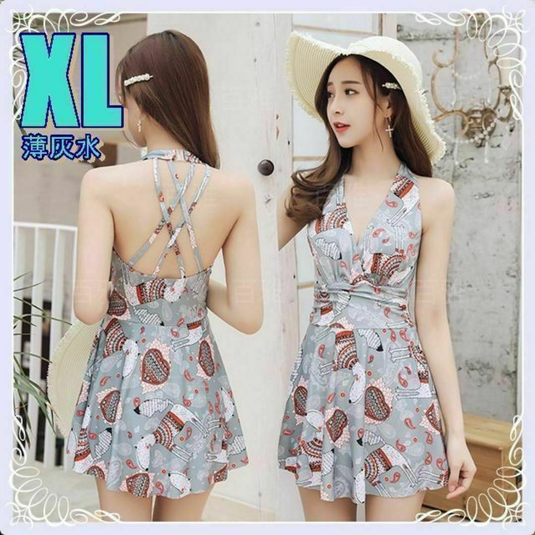 かわいいグレー ワンピース レディース水着XL♡ペイズリー かわいいグレー ワンピース レディース水着XL♡ペイズリー