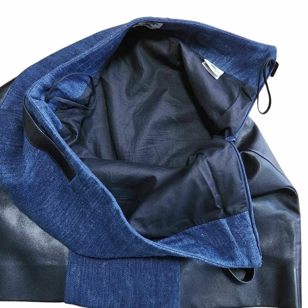【極美品】エルメス 膝丈スカート 38 M ソルド品 ラムレザー×リネン 黒×青 HERMES - 【極美品】エルメス 膝丈スカート ラムレザー×リネン