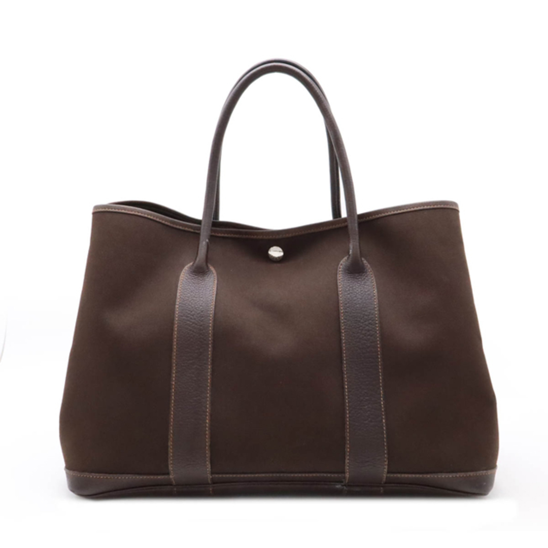 HERMES - HERMES エルメス ガーデンパーティPM トートバッグ ハンドバッグ トワルオフィシエ キャンバス レザー ダークブラウン シルバー金具 □I刻印