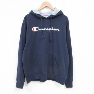 チャンピオン(Champion)のXL★古着 チャンピオン Champion 長袖 スウェット パーカー メンズ ビッグロゴ 紺 ネイビー 25mar28 中古 スエット トレーナー トップス(パーカー)