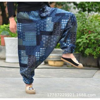 サルエルパンツ パッチワーク 和風 ネイビー イージーパンツ 部屋着 フェス 紺(サルエルパンツ)