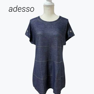 adesso アデッソ　ひざ丈ワンピース　チュニック(M) 半袖　ラインストーン(ひざ丈ワンピース)