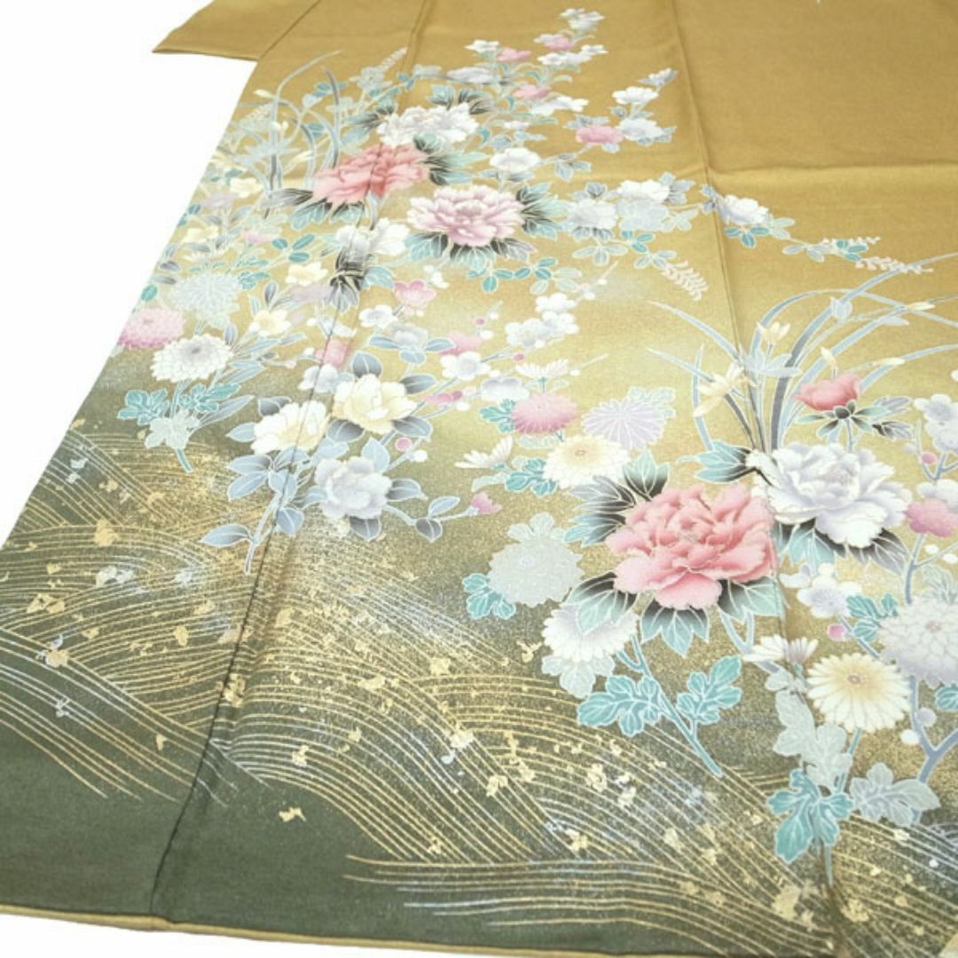 訪問着 着物 濃黄色 牡丹 菊 梅 桜 草花 波 裄65 M 中古 sn1010 訪問着 着物 濃黄色 牡丹 菊 梅 桜 草花 波 裄65 M 中古 sn1010