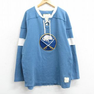 XL★古着 長袖 Tシャツ アイスホッケー ジャージ メンズ NHL バッファローセイバーズ 大きいサイズ ロング丈 コットン 薄紺 ネイビー ユニフォーム ゲームシャツ 25mar29 中古(Tシャツ/カットソー(半袖/袖なし))