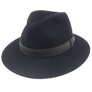 HERMES - 美品▼HERMES エルメス ラパンフェルト100% レザー使い セリエボタン 中折れ帽子 ハット ブラック 60 イタリア製 メンズ