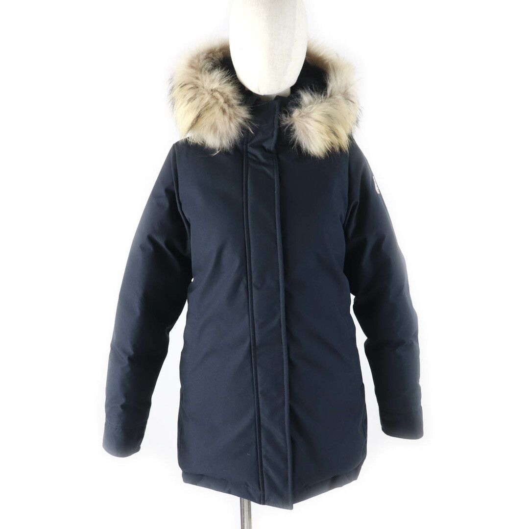 極美品★Pyrenex ピレネックス BORDEAUX ボルドー ラクーンファー・フード・ロゴワッペン付 比翼仕立て ダウンコート ネイビー 38 ブルガリア製 正規品 レディース