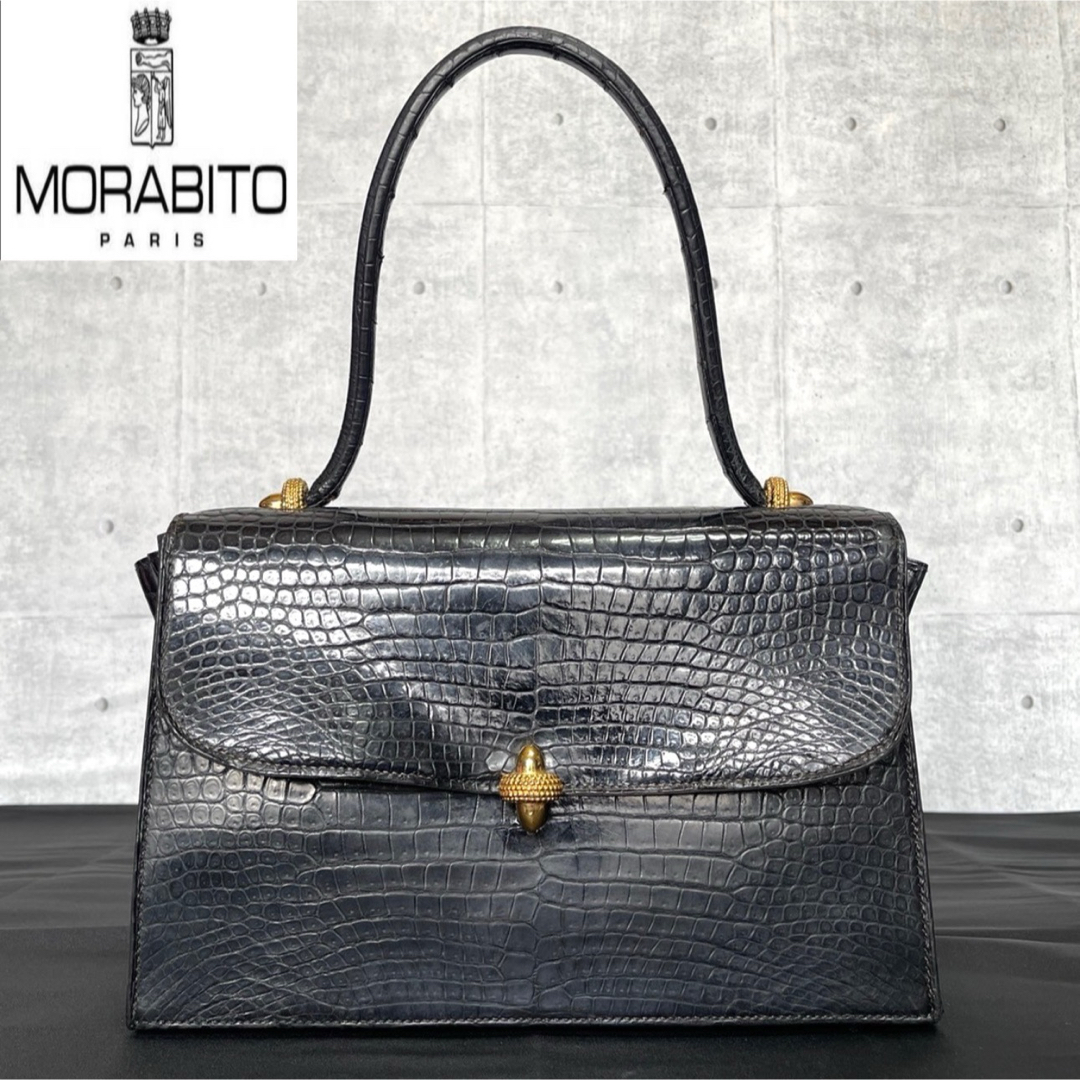 MORABITO BLACK クロコダイル ゴールド金具 レザー ハンドバッグ MORABITO BLACK クロコダイル ゴールド金具 レザー ハンドバッグ