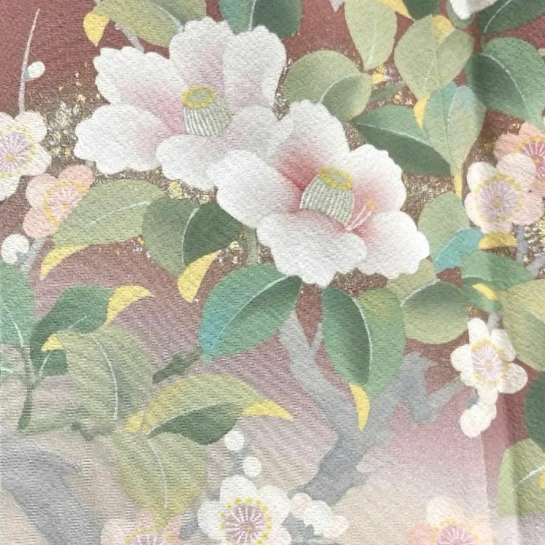 訪問着 金彩 椿 梅 桜 撫子 花模様 くすみカラー 着物 032a dの 訪問着 金彩 椿 梅 桜 撫子 花模様 くすみカラー 着物 032a dの