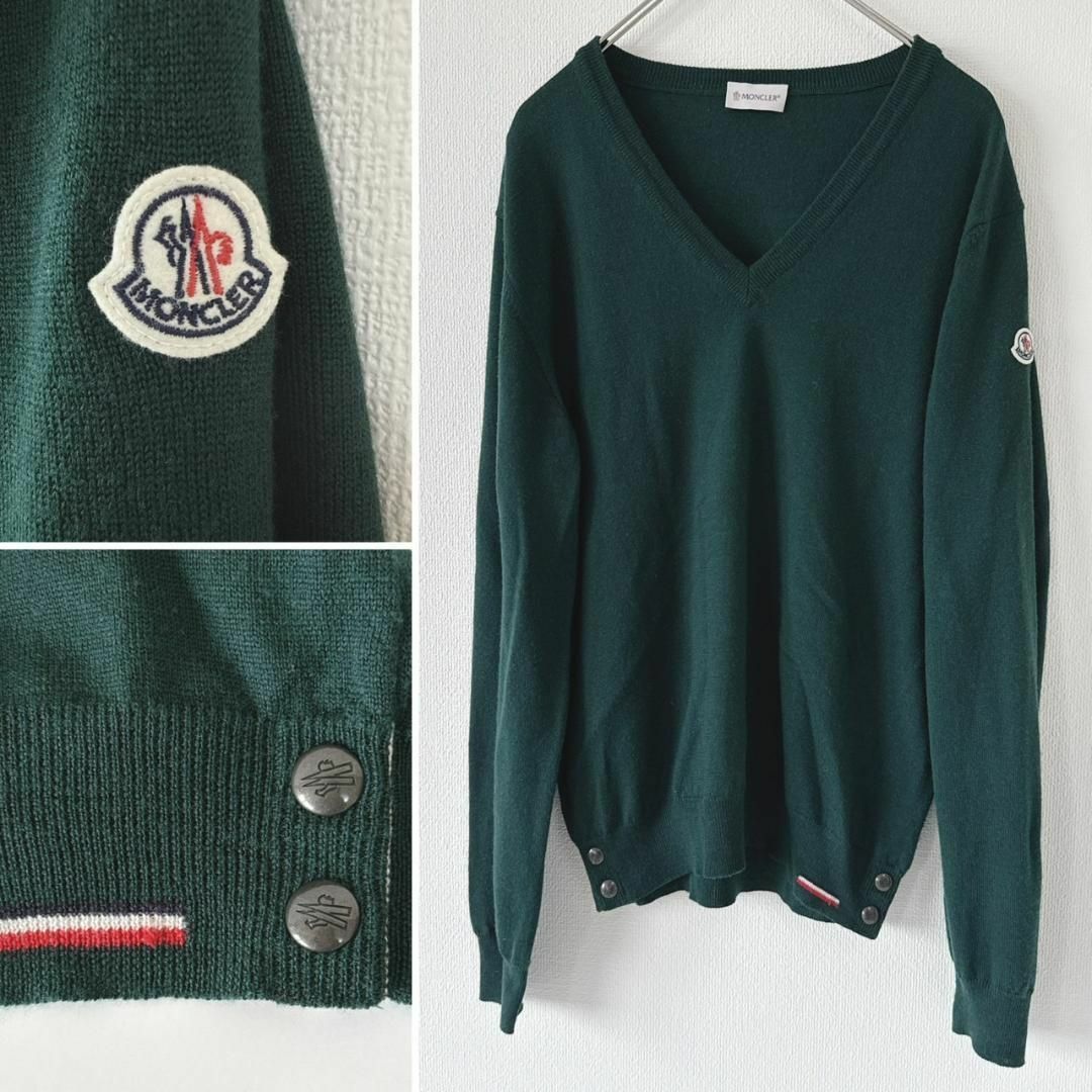 MONCLER - MONCLER Vネック ウールニット ロゴワッペン 裾ボタン MONCLER - MONCLER Vネック ウールニット ロゴワッペン 裾ボタン