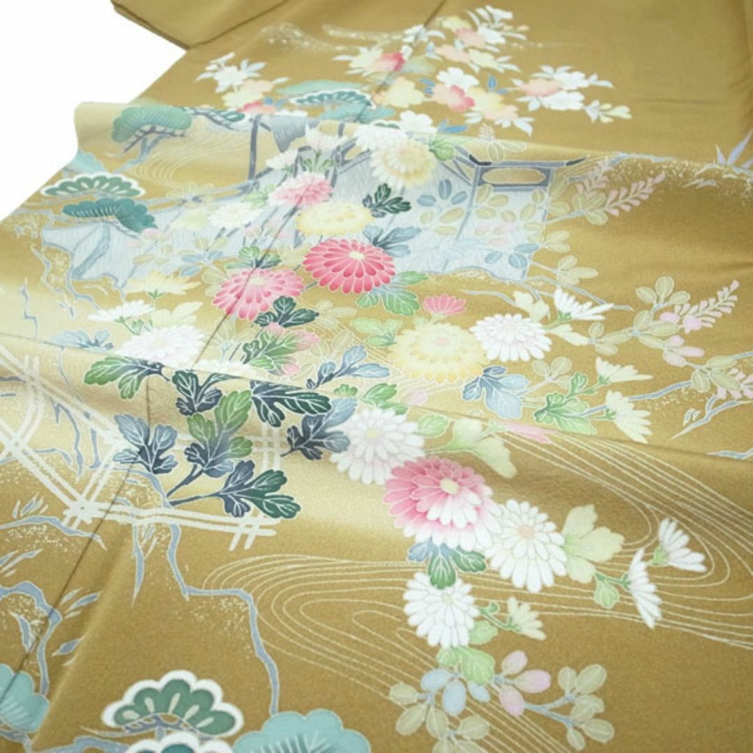 訪問着 着物 作家物 手描き友禅 くすみ黄茶色 裄66 M 中古 訪問着 着物 作家物 手描き友禅 くすみ黄茶色 裄66 M 中古