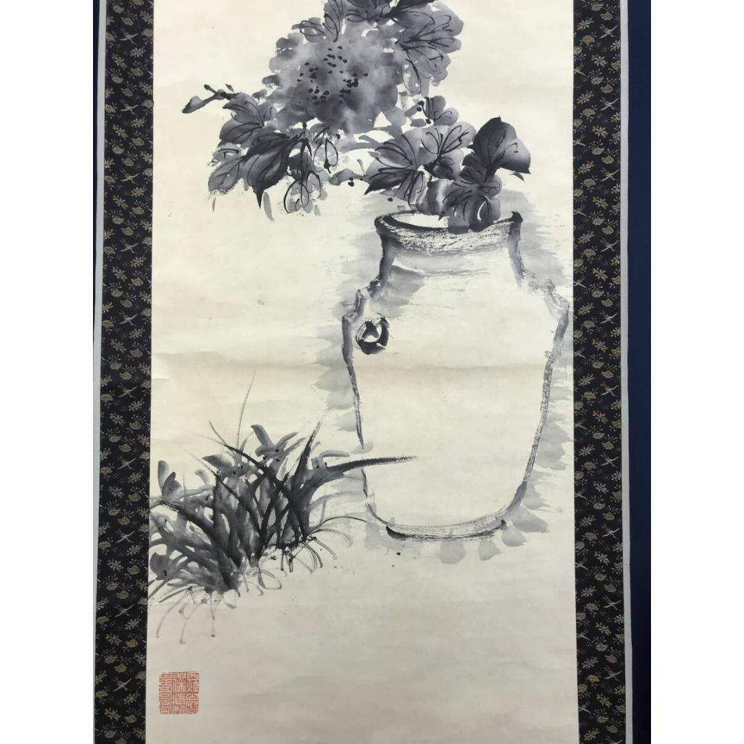 真作/田能村直入/牡丹に蘭画賛/牡丹図/蘭図/掛軸☆宝船☆AF-223