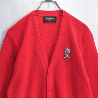 ヴィンテージ(VINTAGE)の80s アメリカ製 Janzen ジャンセン ポリエステル ニットカーディガン ヴィンテージ レッド ベックス ビール ロゴ エンブレム ビンテージ USA アメリカ古着 メンズMサイズ(カーディガン)