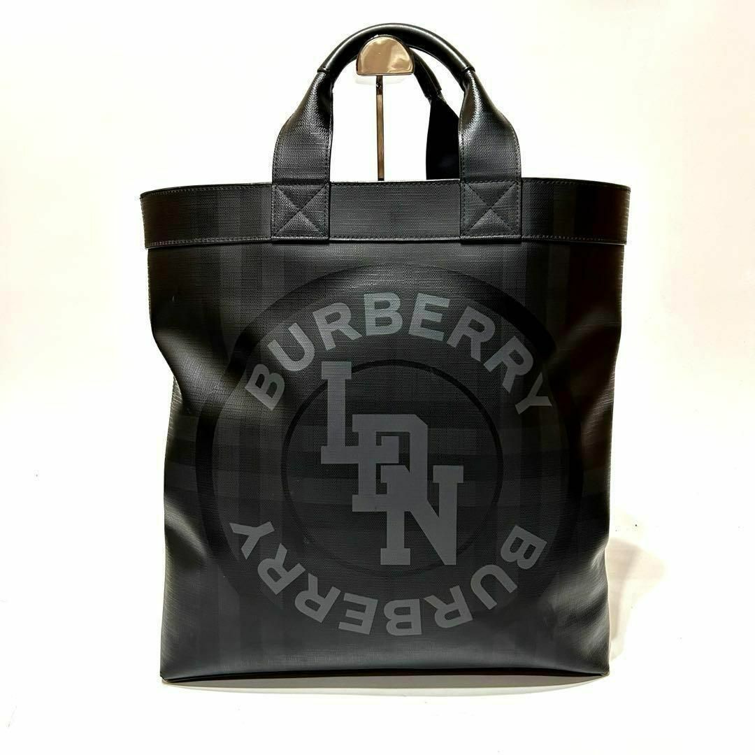 美品】 BURBERRY ロゴグラフィック トートバッグ PVCxレザーの 美品】 BURBERRY ロゴグラフィック トートバッグ PVCxレザーの