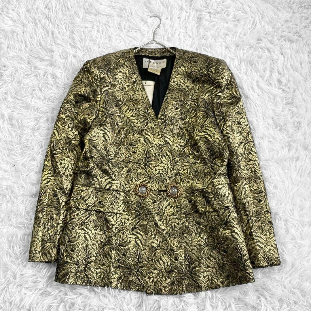 VINTAGE - 英国製 JAEGER ゴールド 花柄 ノーカラージャケット L VINTAGE - 英国製 JAEGER ゴールド 花柄 ノーカラージャケット L