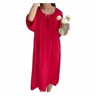 ルームウェア ロングワンピース パフスリーブ レッド 体型カバー(ロングワンピース/マキシワンピース)