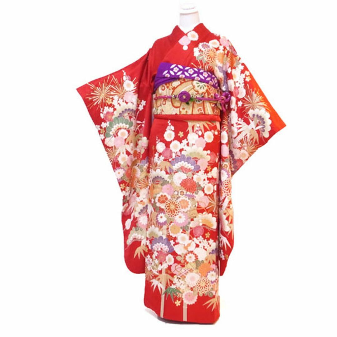 大人気新品  振袖 着物 赤 金銀彩加工 金駒刺繍 地紋 菊 裄69 TL 中古 着物・浴衣
