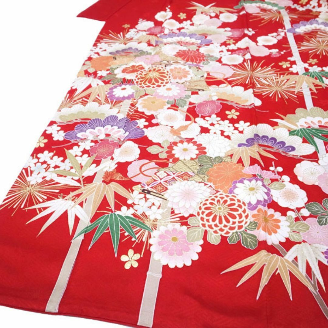 優先配送 振袖 着物 赤 金銀彩加工 金駒刺繍 地紋 菊 裄69 TL 中古 着物・浴衣
