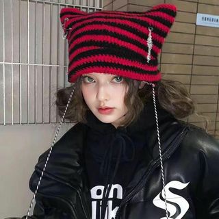 猫耳ニット帽 ビーニーハット レディース 秋冬 レッド×ブラック(ニット帽/ビーニー)
