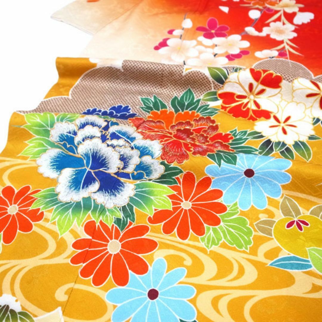 華麗 桜 梅 橘 菊 地紋 金駒刺繍 朱赤 着物 振袖 裄70 sn1041 中古 L 着物・浴衣