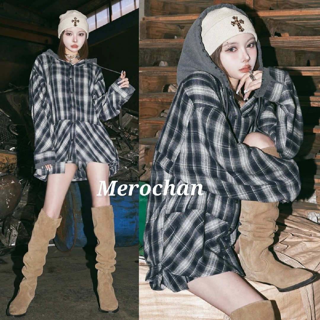 Darich - Darich フードドッキングチェックルーズシャツの通販 Darich - Darich フードドッキングチェックルーズシャツの通販