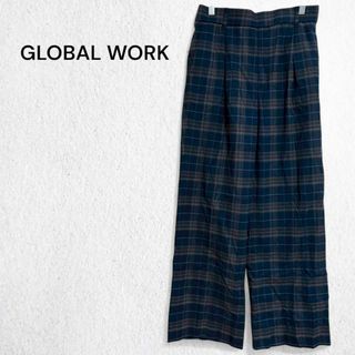 グローバルワーク(GLOBAL WORK)のグローバルワーク ワイドパンツ スラックス チェック柄 ネイビー レディース L(カジュアルパンツ)