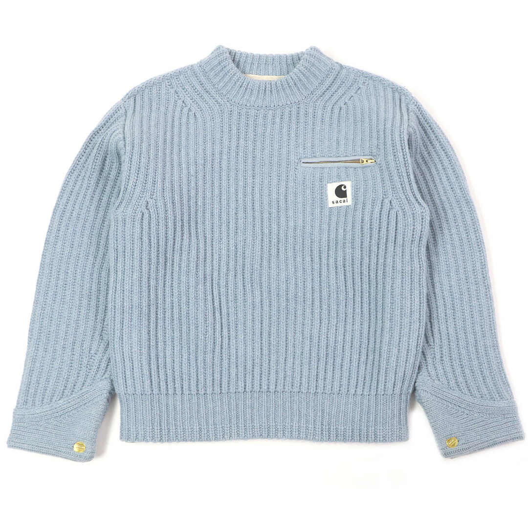 極美品□Sacai Carhartt  サカイ カーハート 23AW 23-03112M ウール Knit Pullover Detroit ケーブルニット セーター ライトブルー 1 正規品 メンズ