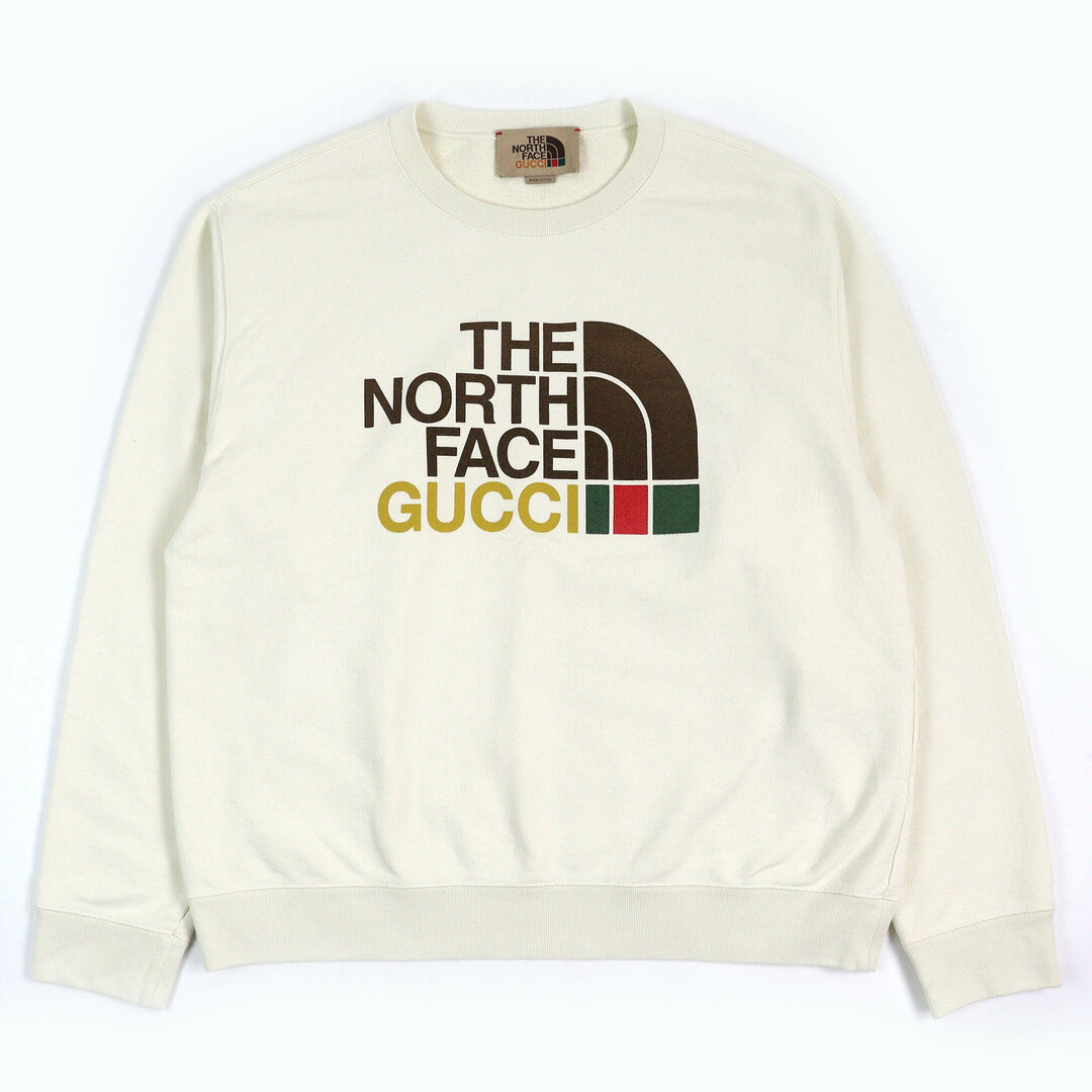 【ドンドン見直し】美品△GUCCI×THE NORTH FACE グッチ×ザ・ノースフェイス 626990 コットン100％ ロゴプリント クルーネック ロングスリーブ トレーナー スウェットシャツ アイボリー M ガーメント付き イタリア製 正規品 メンズ