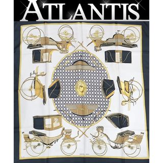 エルメス(HERMES)の【広尾店】 エルメス HERMES カレ90 大判スカーフ LES VOITURES A TRANSFORMATION 折畳み式幌の馬車 シルク100％ 黒 【15970】(バンダナ/スカーフ)