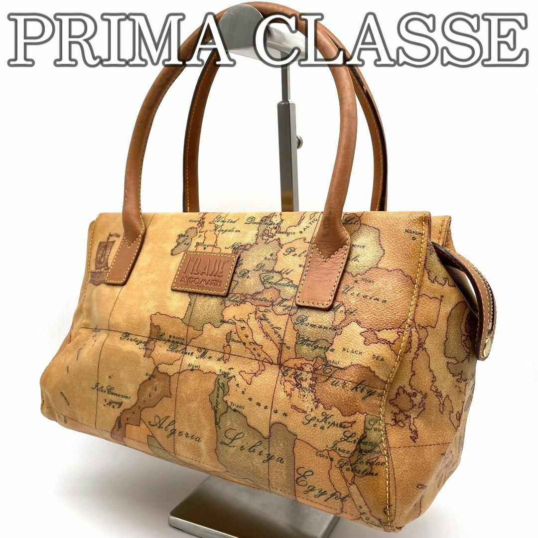 PRIMA CLASSE - 【美品】プリマクラッセ　ミニボストンバッグ　PVC　ハンドバッグ　茶色　地図柄