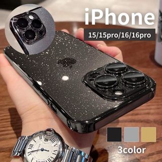 iPhone16 ケース クリアメタリック レンズ保護 キラキラ ブラック(iPhoneケース)