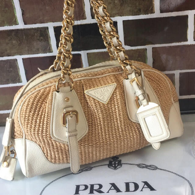 PRADA - プラダ ストロー×レザー チェーンショルダーバッグ かごバッグ