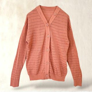 長袖カーディガン【M】透かし編み　羽織り　サーモンピンク　薄手ニット　スプリング(カーディガン)