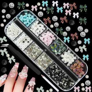 【数量限定】ジェルネイル, 412 pcs 3Dピンク白と黒のリボンネイルチャー(ネイルケア)