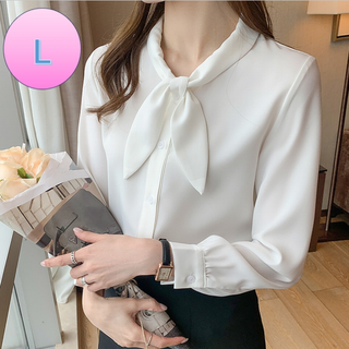 ボウタイブラウス L 白　襟付き　Vネック 長袖 無地　シャツ　上品 韓国(シャツ/ブラウス(長袖/七分))