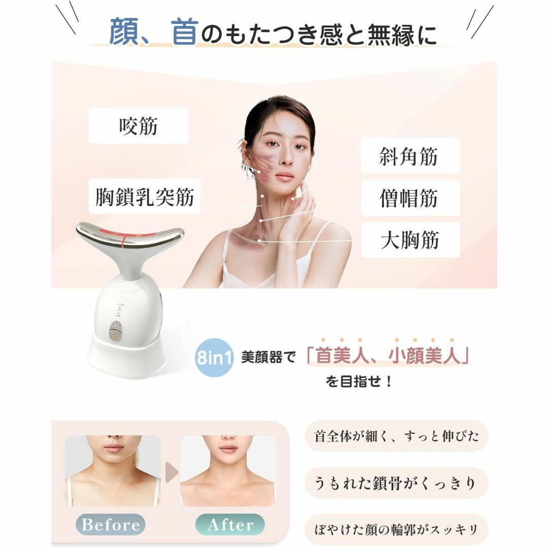 美顔器 1台8役 EMS 美顔ローラー かっさ 電動 温感 イオン スマホ/家電/カメラの美容/健康(フェイスケア/美顔器)の商品写真