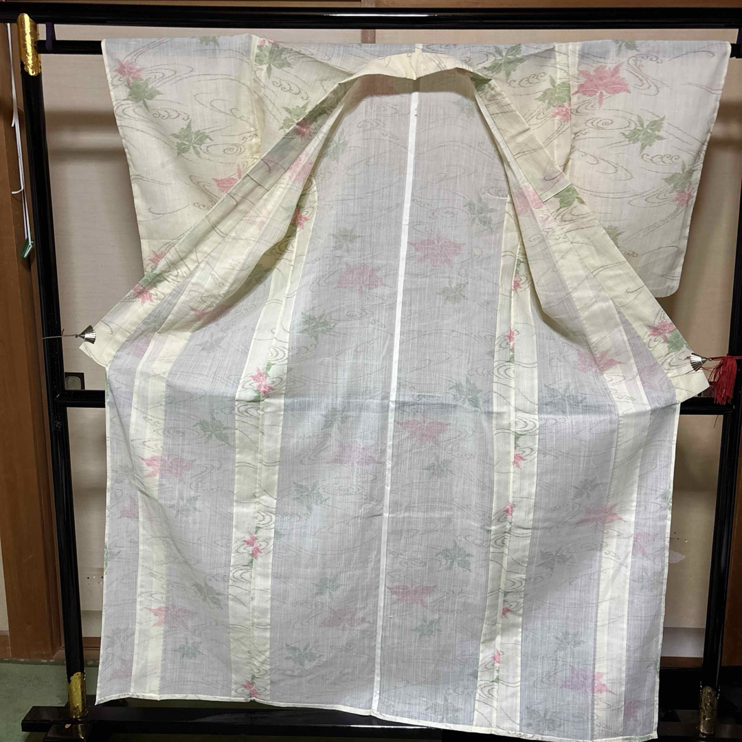 小千谷縮風洗える夏小紋フルセット4点 美品着物+夏袋帯+帯締め+ 小千谷縮風洗える夏小紋フルセット4点 美品着物+夏袋帯+帯締め+