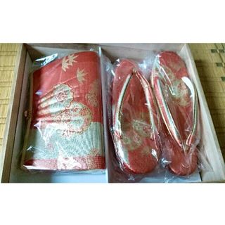 正絹  和装用　バッグ・草履セット　ゴールド×オレンジ  フォーマル(下駄/草履)