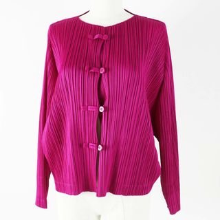 極美品◎PLEATS PLEASE プリーツプリーズ イッセイミヤケ PP13-JC142 チャイナボタン プリーツカーディガン プラムピンク 3 日本製 正規品 レディース(カーディガン)