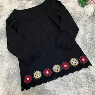 エル(ELLE)の【ELLE】黒の花刺繍七分袖ニット 38 ブラック　チュニック(ニット/セーター)