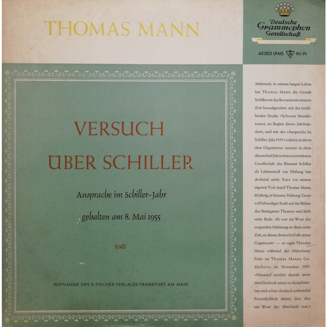 独LP Thomas Mann Versuch Uber Schiller (Ansprache Im Schiller-Jahr G 43005 DEUTSCHE GRAMMOPHON /00260 エンタメ/ホビーのエンタメ その他(その他)の商品写真