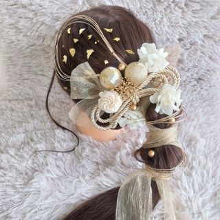 髪飾りドライフラワー＊結婚式成人式卒業式和装振袖袴~和玉大リボン~ホワイト17本(ヘアピン)