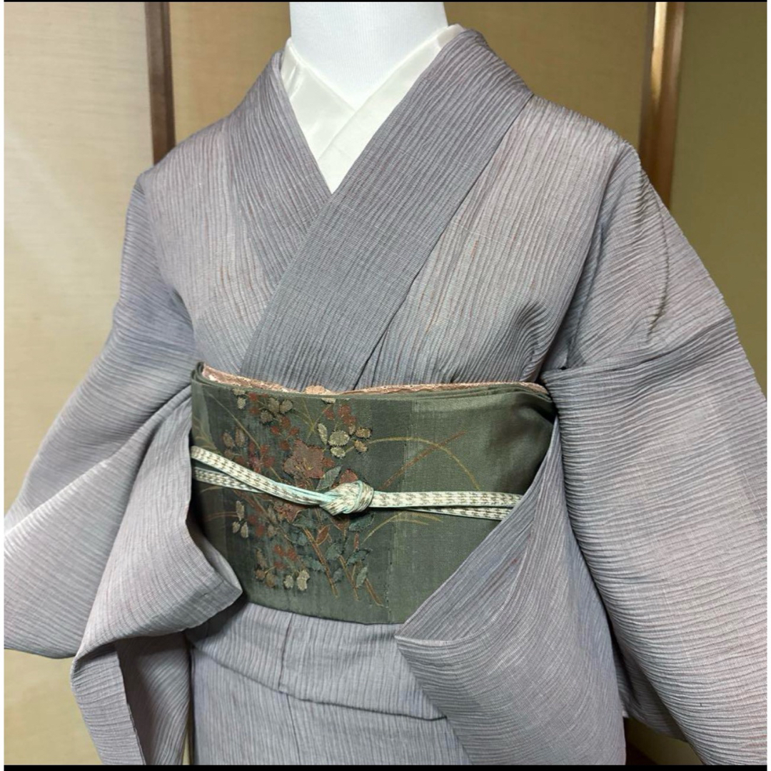 小千谷縮風洗える小紋フルセット4点 美品着物+紬袋帯+帯締め+ 小千谷縮風洗える小紋フルセット4点 美品着物+紬袋帯+帯締め+