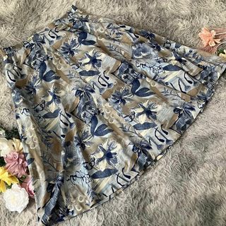 フレアスカート 花柄 ひざ丈 ベージュ ネイビー(ひざ丈スカート)