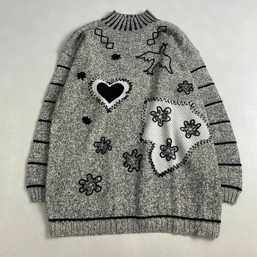 VINTAGE - ヴィンテージ　ニット　3Dニット　花柄　ハート　鳥　かわいい　38 M L相当