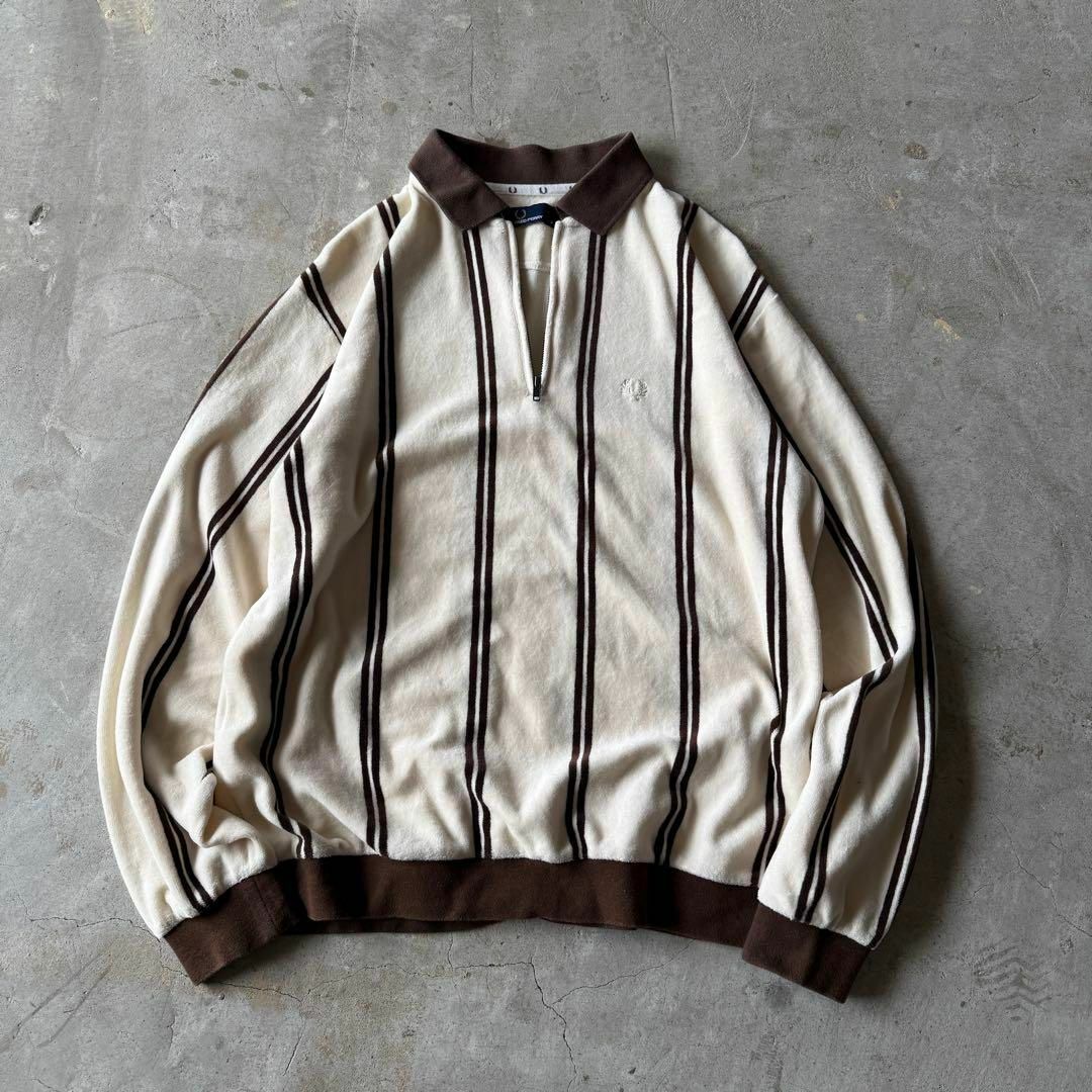 休日限定 ハーフジップ、ベロア調】FRED PERRY刺繍ロゴスウェット系ニット トップス